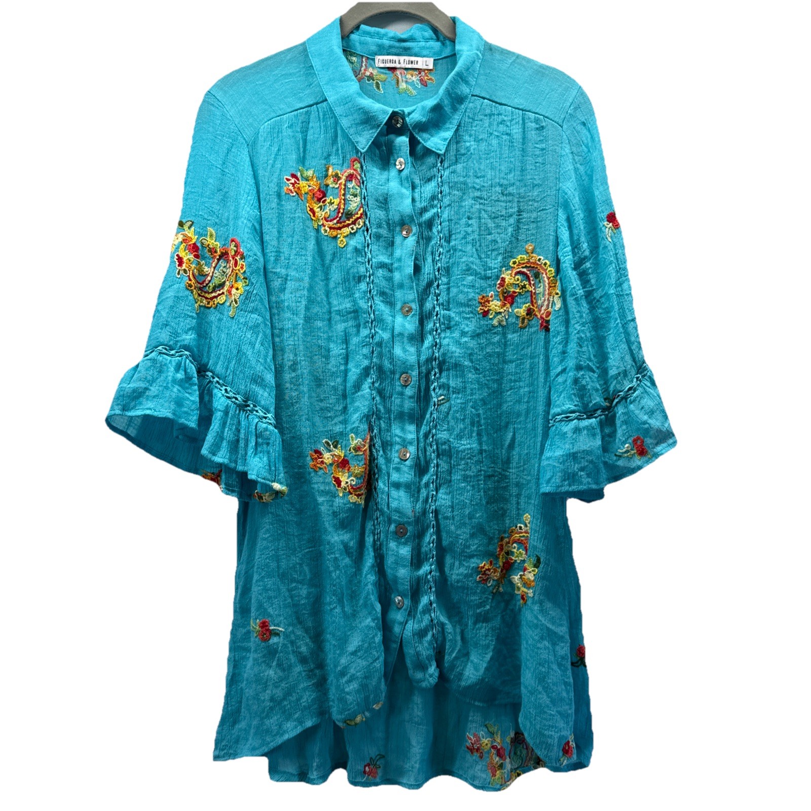 Figueroa & Flower Women’s Top Large Blue Embroidered Colorful Ruffle Bohemian
