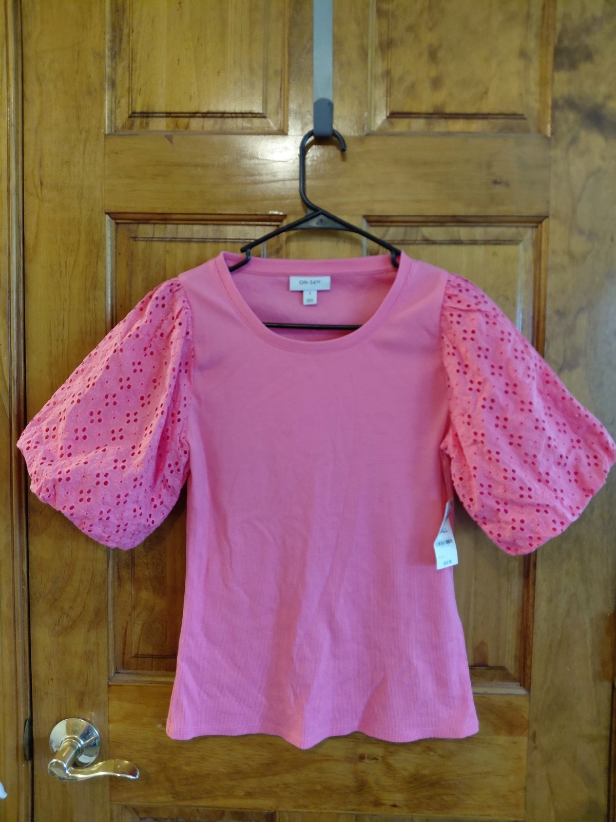 On 34th Trendy Pink Plus Size Eyelet Elbow-Sleeve T-Shirt Size S