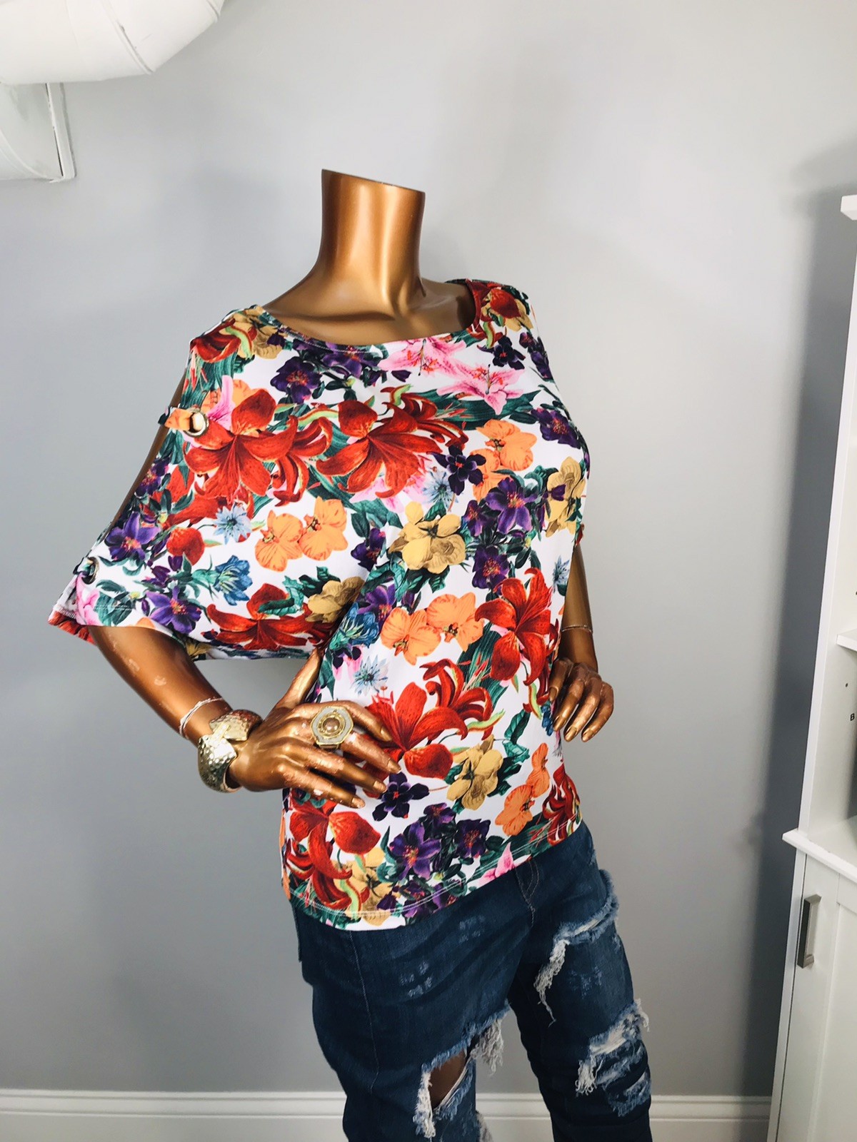 Bold Elements XL Top Stretch Floral Cold Cut Out Sleeves 1/2 Slvs Dolman Blouse