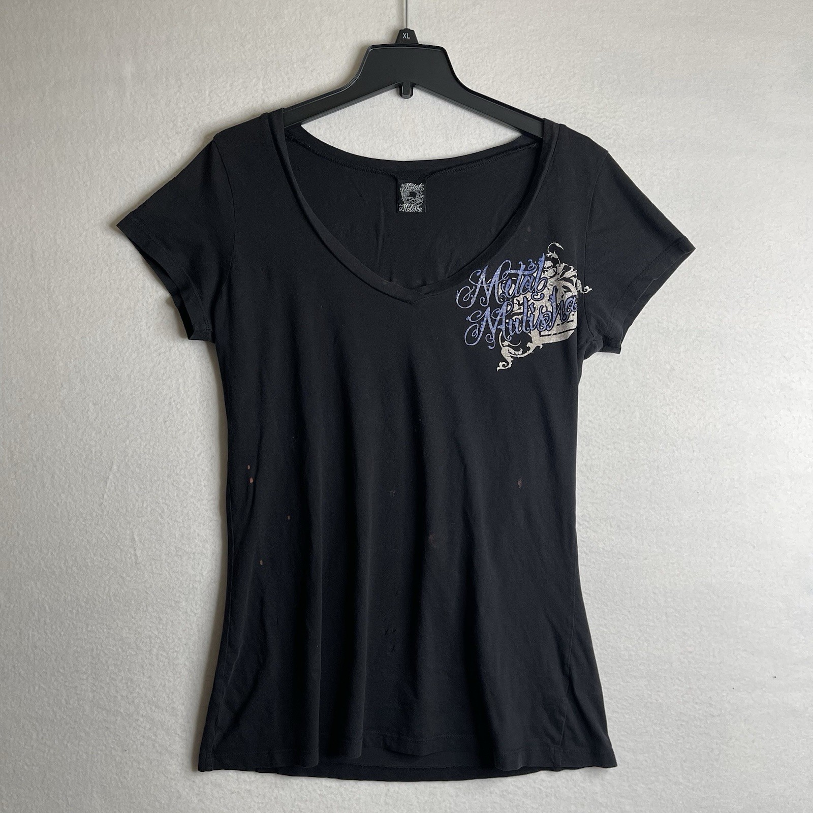 Metal Mulisha Black V-Neck Double Sided Graphics Women’s L Black Floral Wings