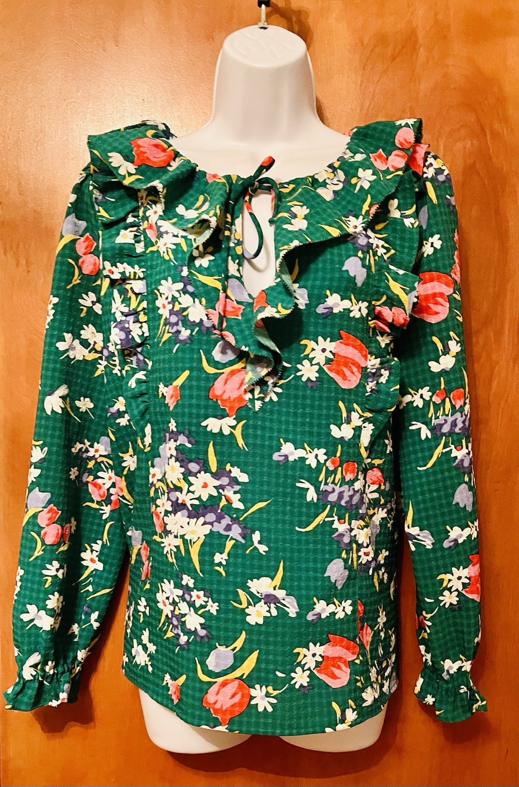 LOFT Emerald Green Floral Boho Blouse With Gingham Women’s
