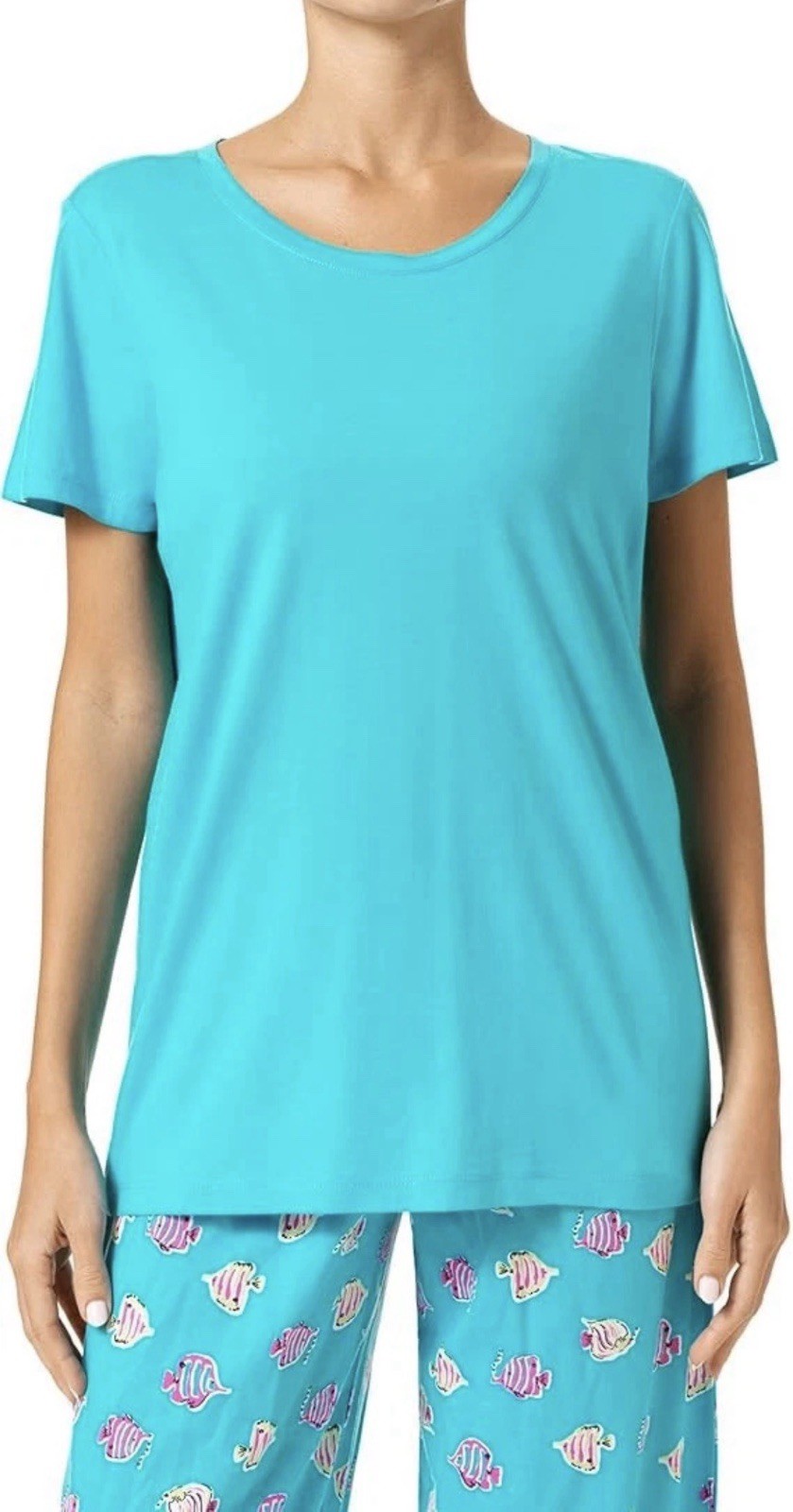 HUE Short Sleeve Scoop Neck PJ Tee , Scuba Blue, Size-S