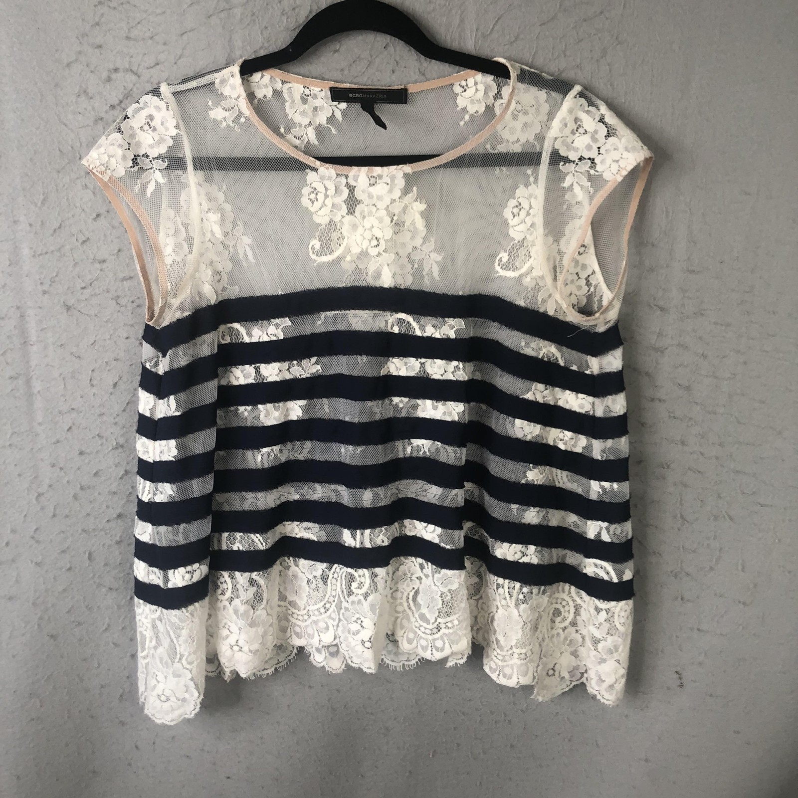 Fairy Grunge Top Womens Small Blue White Sheer Lace Stripe Nautical Sailor Beach