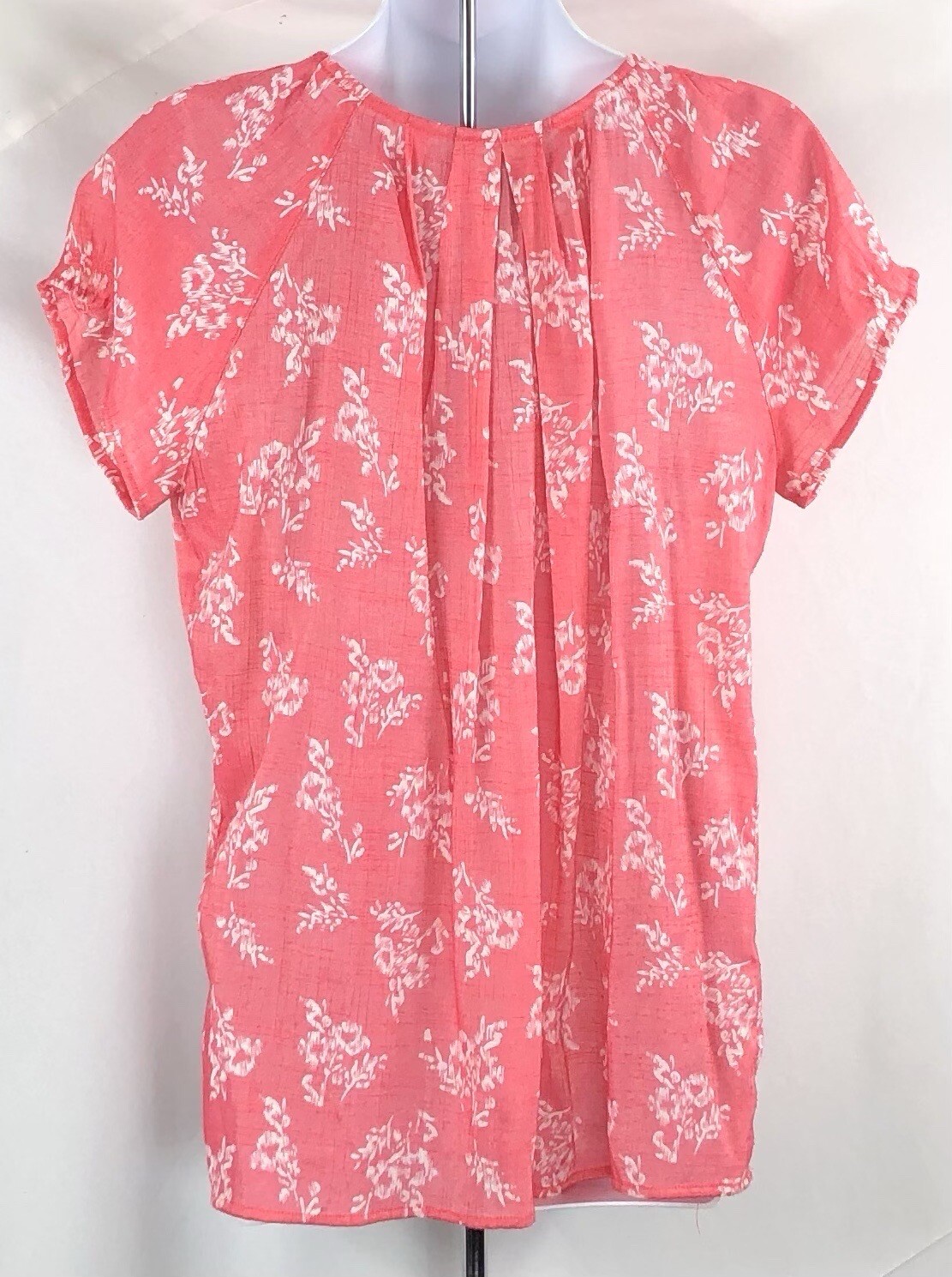Bit & Bridle Top L Coral Shimmer Floral 1/2 Button Smocked Pleats gauzy romantic