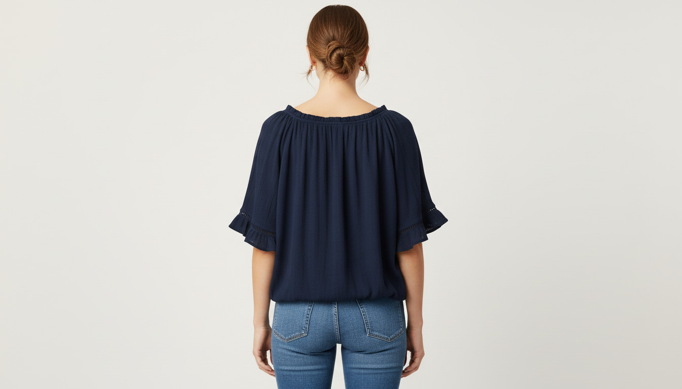 Linda Leal Womens Medium Navy Boho Blouse Lace Trim Elastic Hem Top