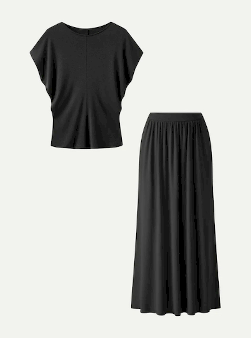 OGL 2Pcs Set Round Neck Top & A-Line Maxi Skirt