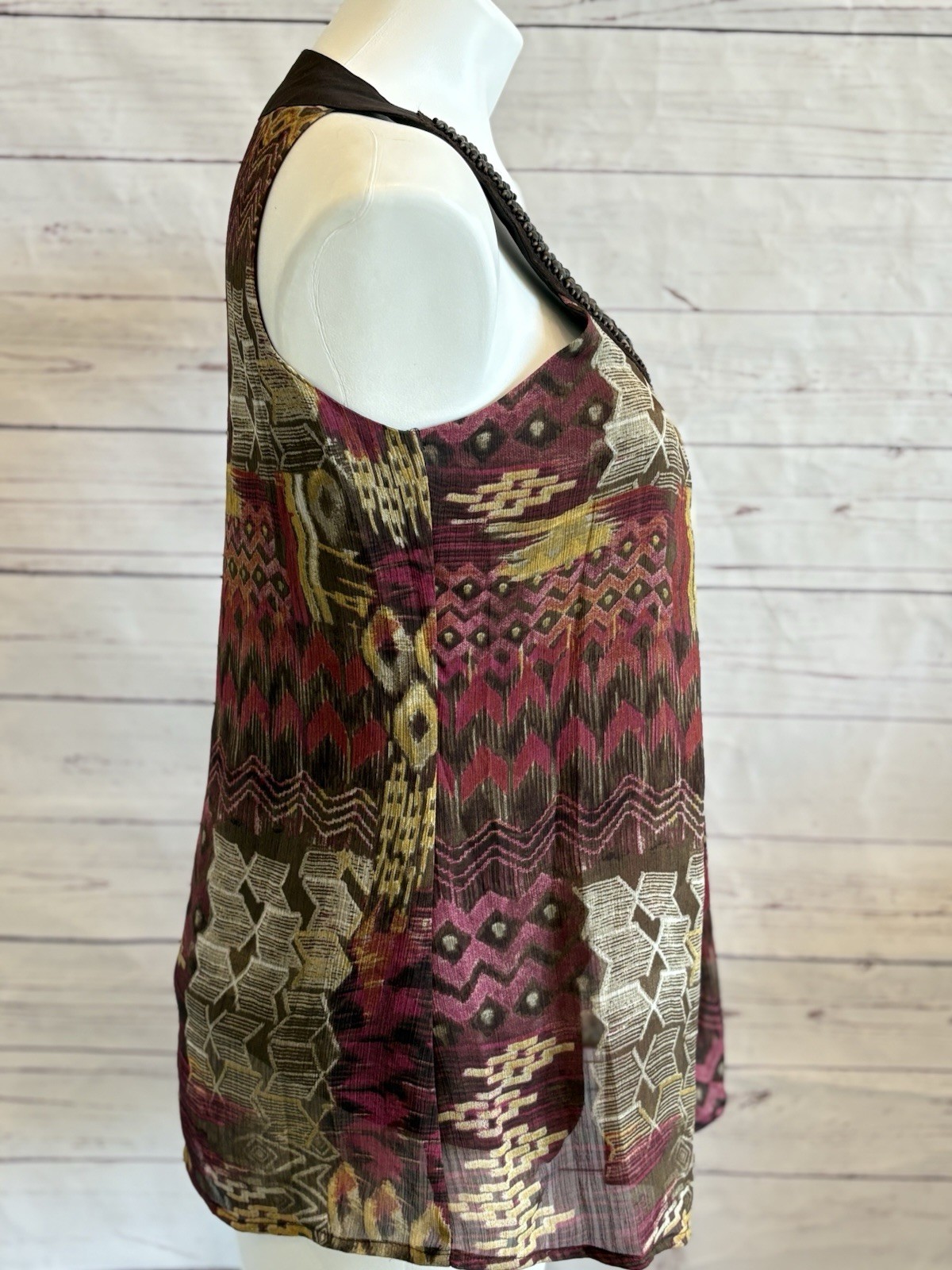 ZAC & RACHEL Aztec Tunic Top Size Small Bohemian Beaded Neckline Lined Brown