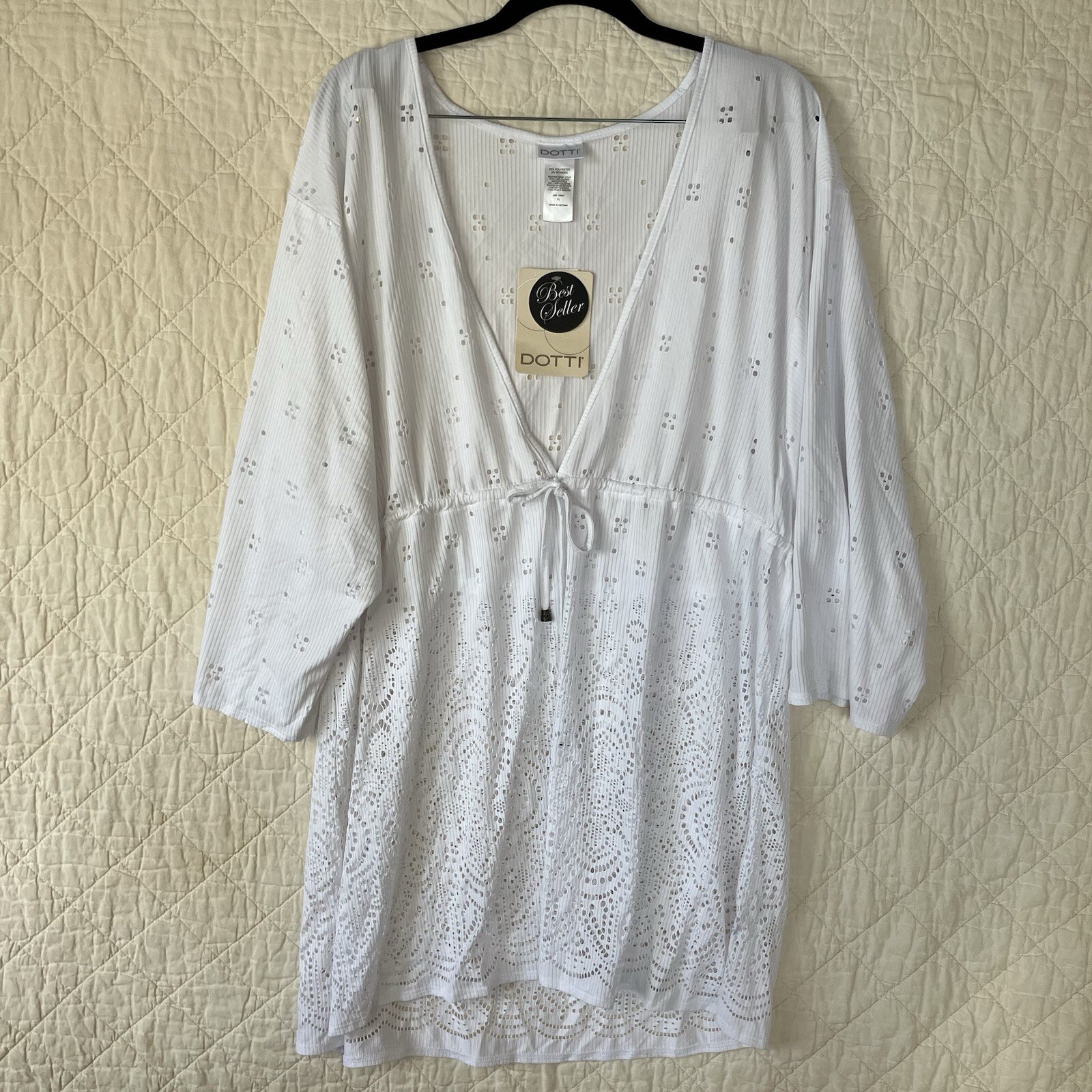 Dotti Womens Blouse White Eyelet 3/4 Sleeve V-Neck Size XL New With Tags