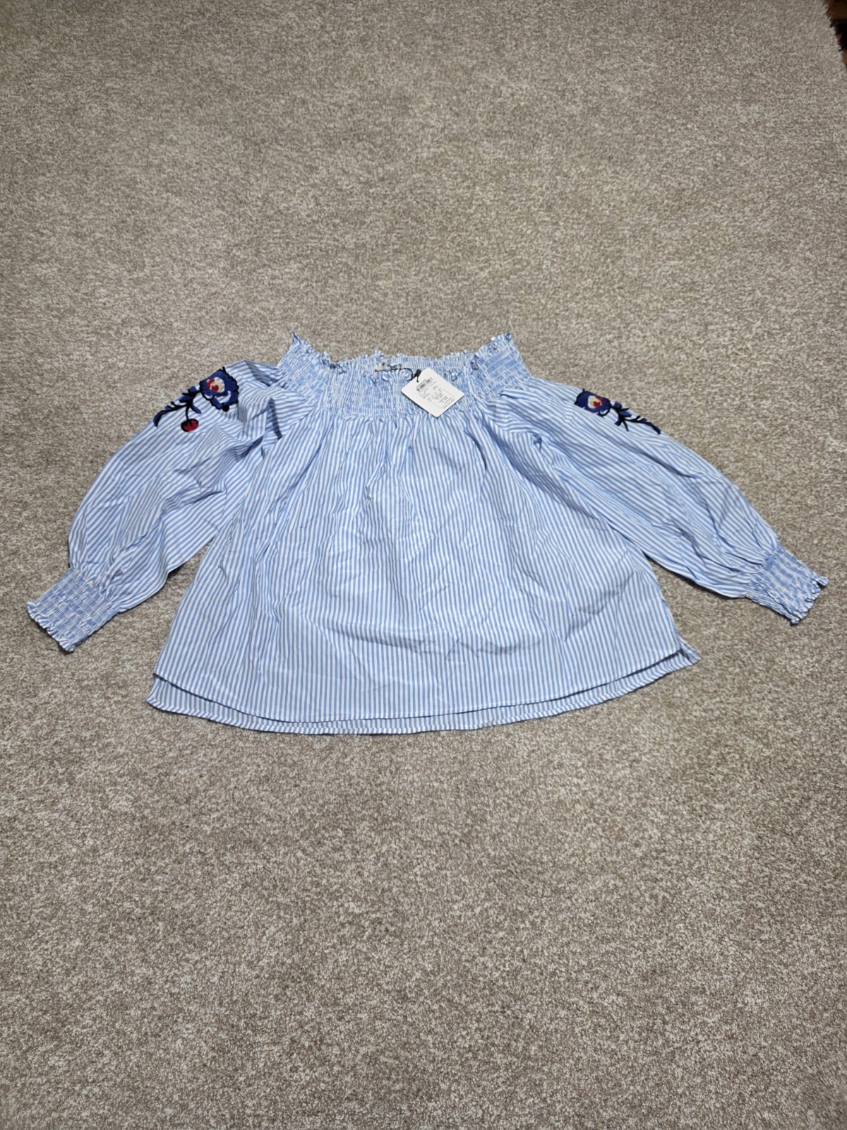 Koton Turkey Ladies Long Sleeve Blue Stripe Floral Sleeve Blouse EU 42 US 10