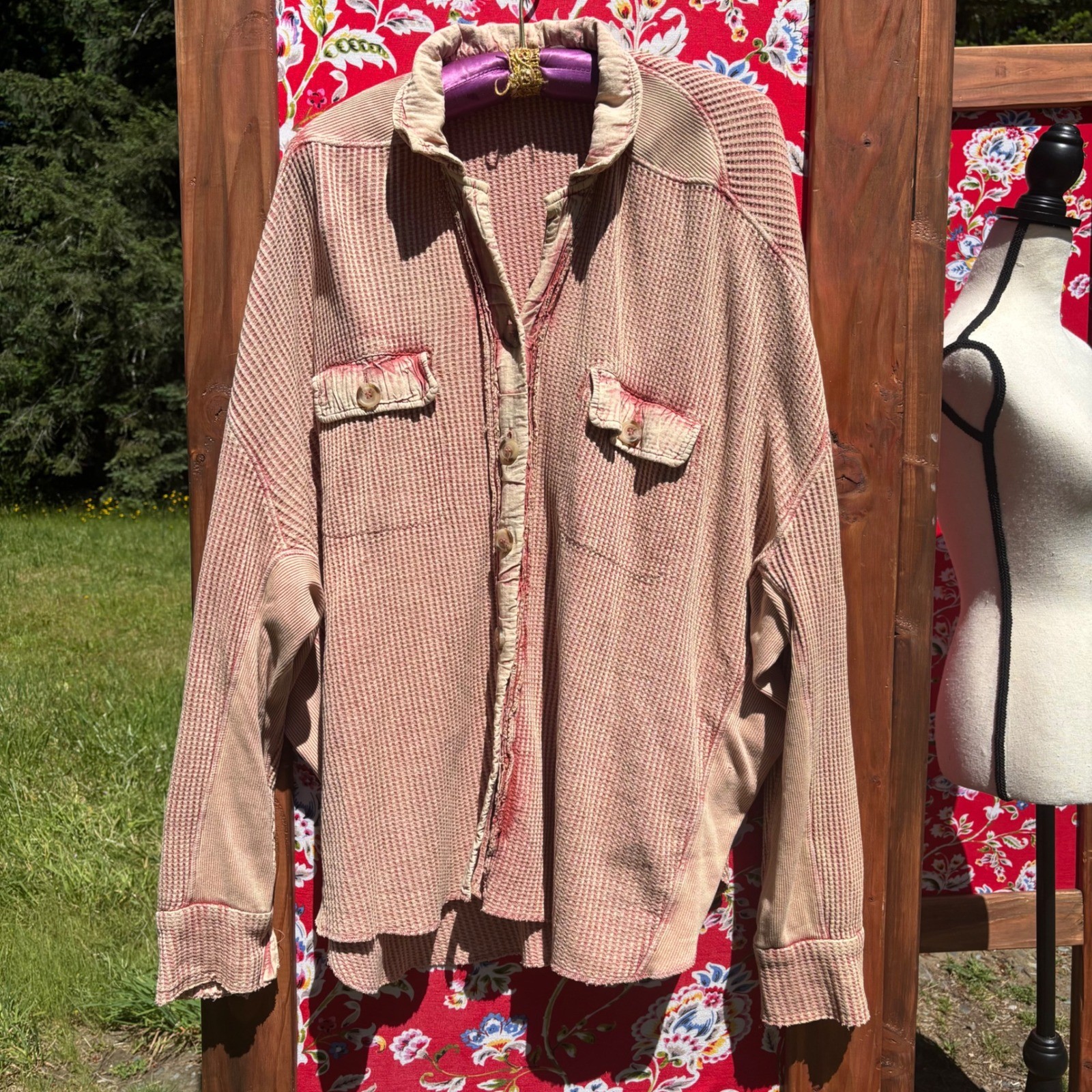 Free People FP One Scout Jacket Salmon Oversized Waffle Knit Thermal Top Size S