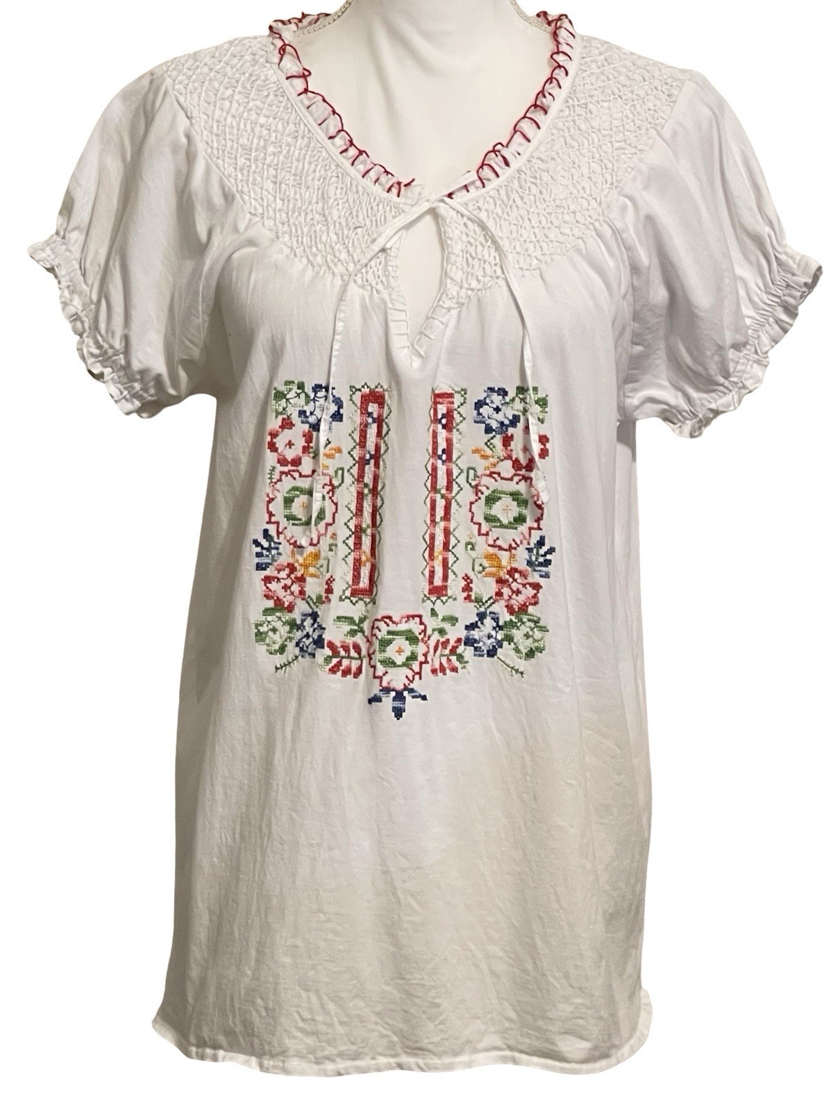 SAHALIE White Embroidered 100% Cotton Boho Peasant Blouse Women’s Size L