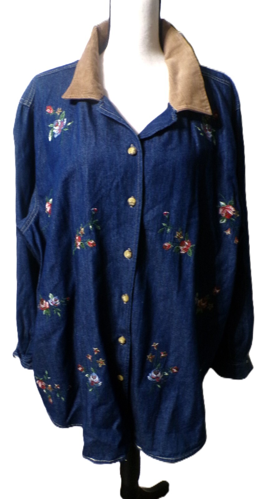 Denim Women’s 3X Shirt Denim Jean Embroidered Flowers Corduroy Collar Vtg Y2k