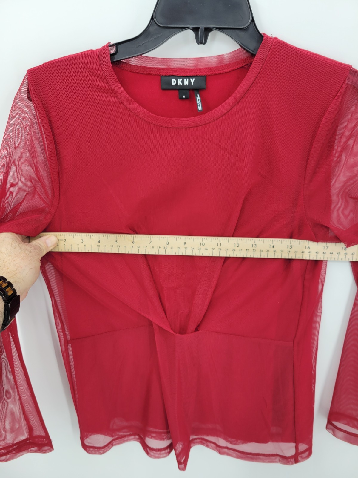 DKNY Top Womens Medium Red Mesh Rushed Long Sleeve Whimsigoth Fairycore Sexy