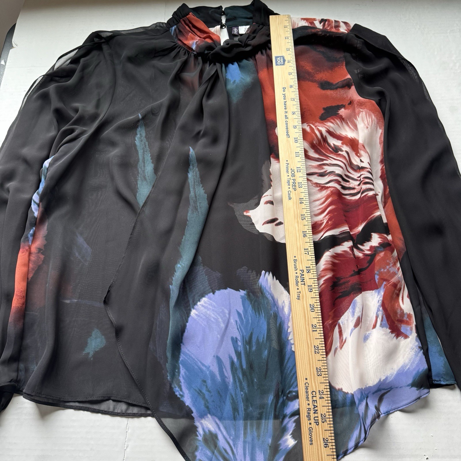Jennifer Lopez Black High Neck Long Open Sleeve Blouse Sheer Top Sz XL Romantic