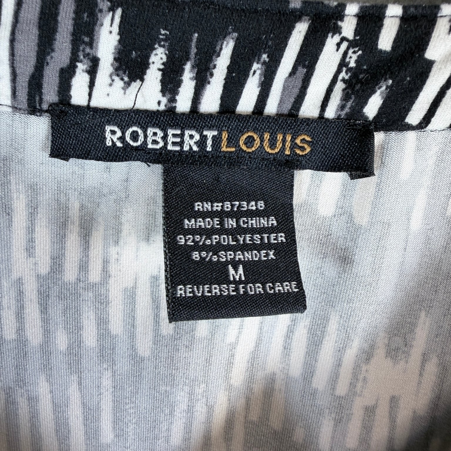 Robert Louis Womens Blouse Black White Patterned Top Medium Roll Tab Sleeve