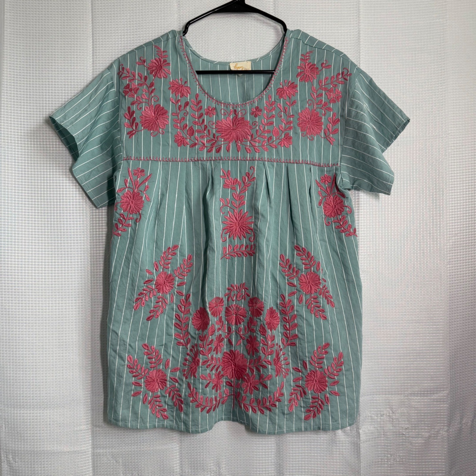 Layers Clothing Blouse Rayon Blend Floral Embroidered Stripe Boho Peasant Top M