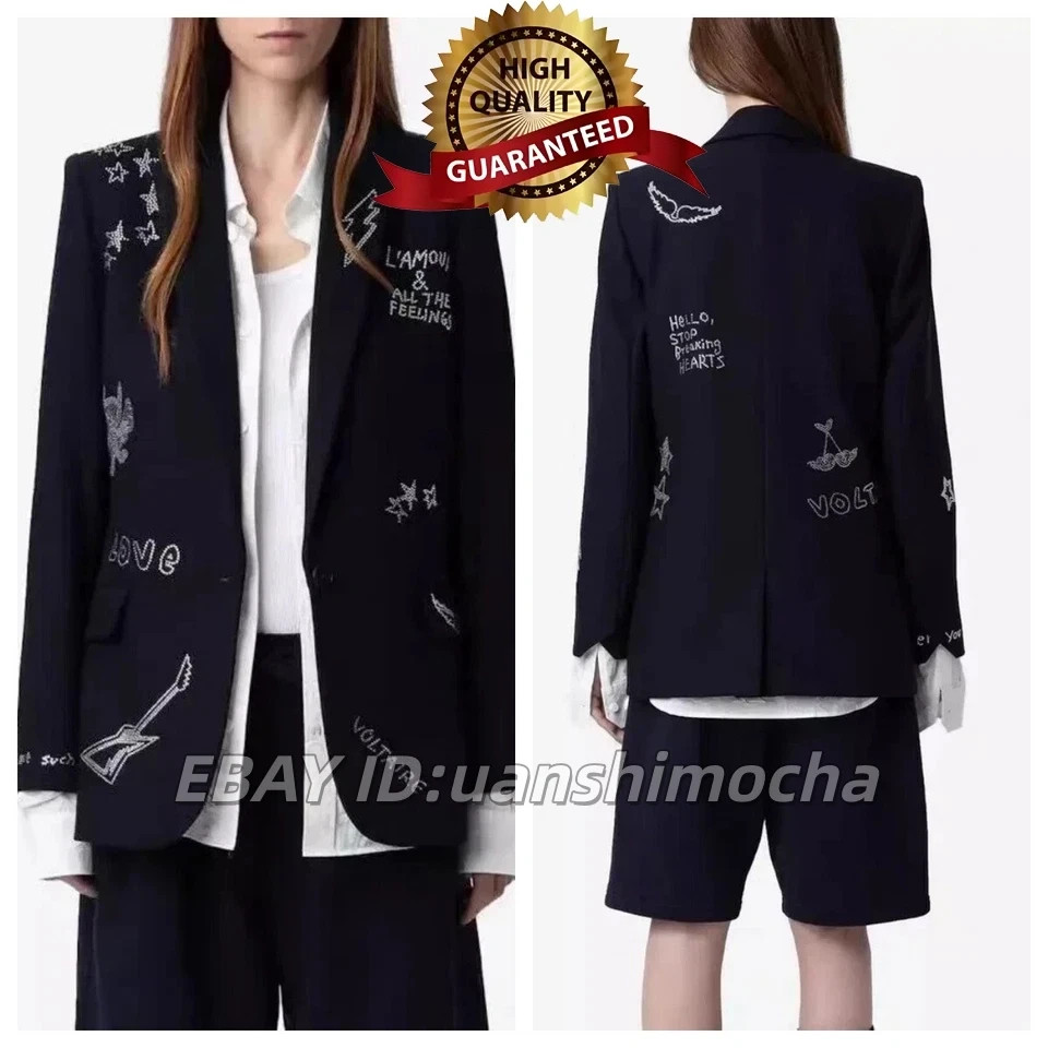 🎁NEW Women French Zadig & Voltaire Charm Black Lapel Rhinestone Blazer Coat Top