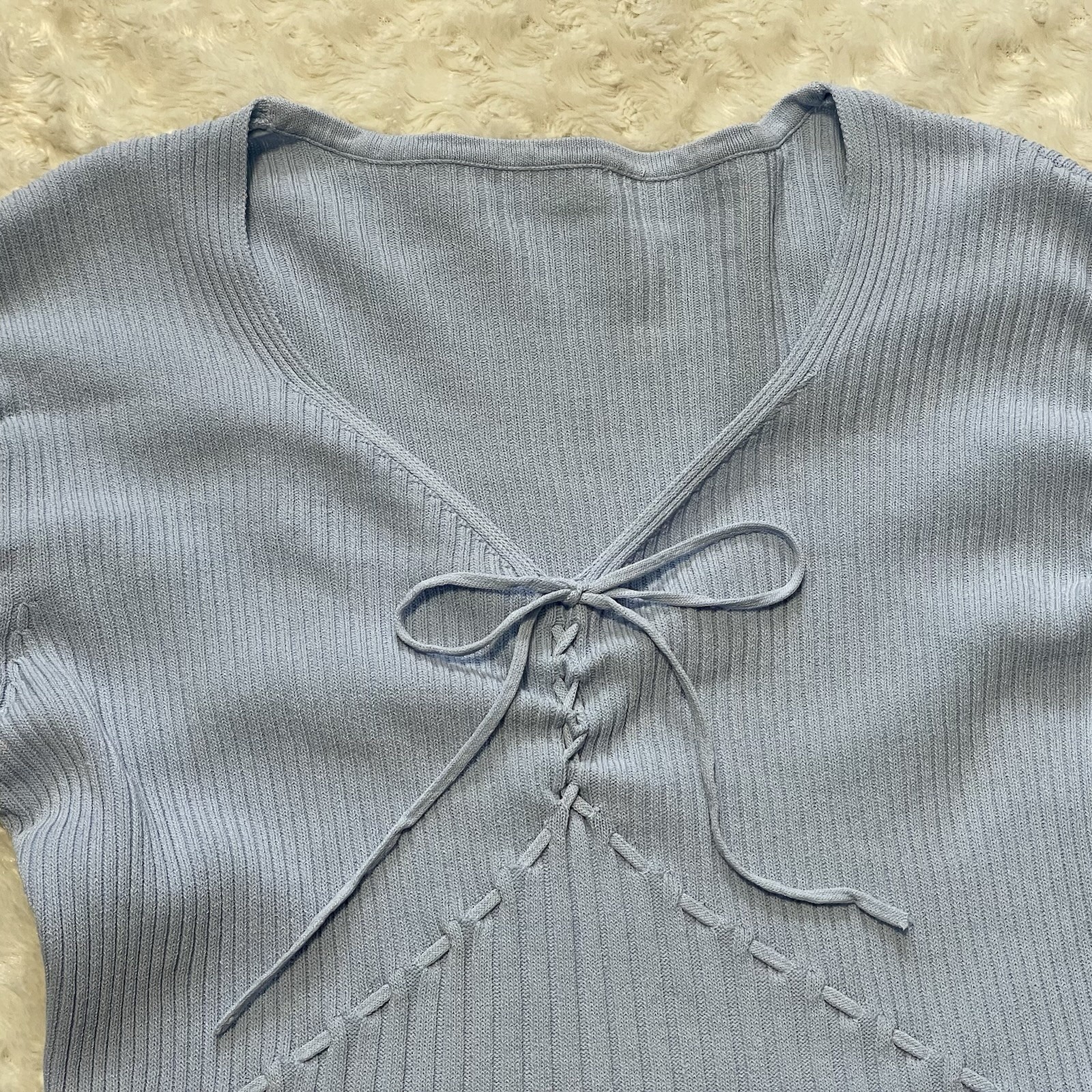 corset lace-up bow coquette top S light blue ribbed preppy fairy y2k feminine