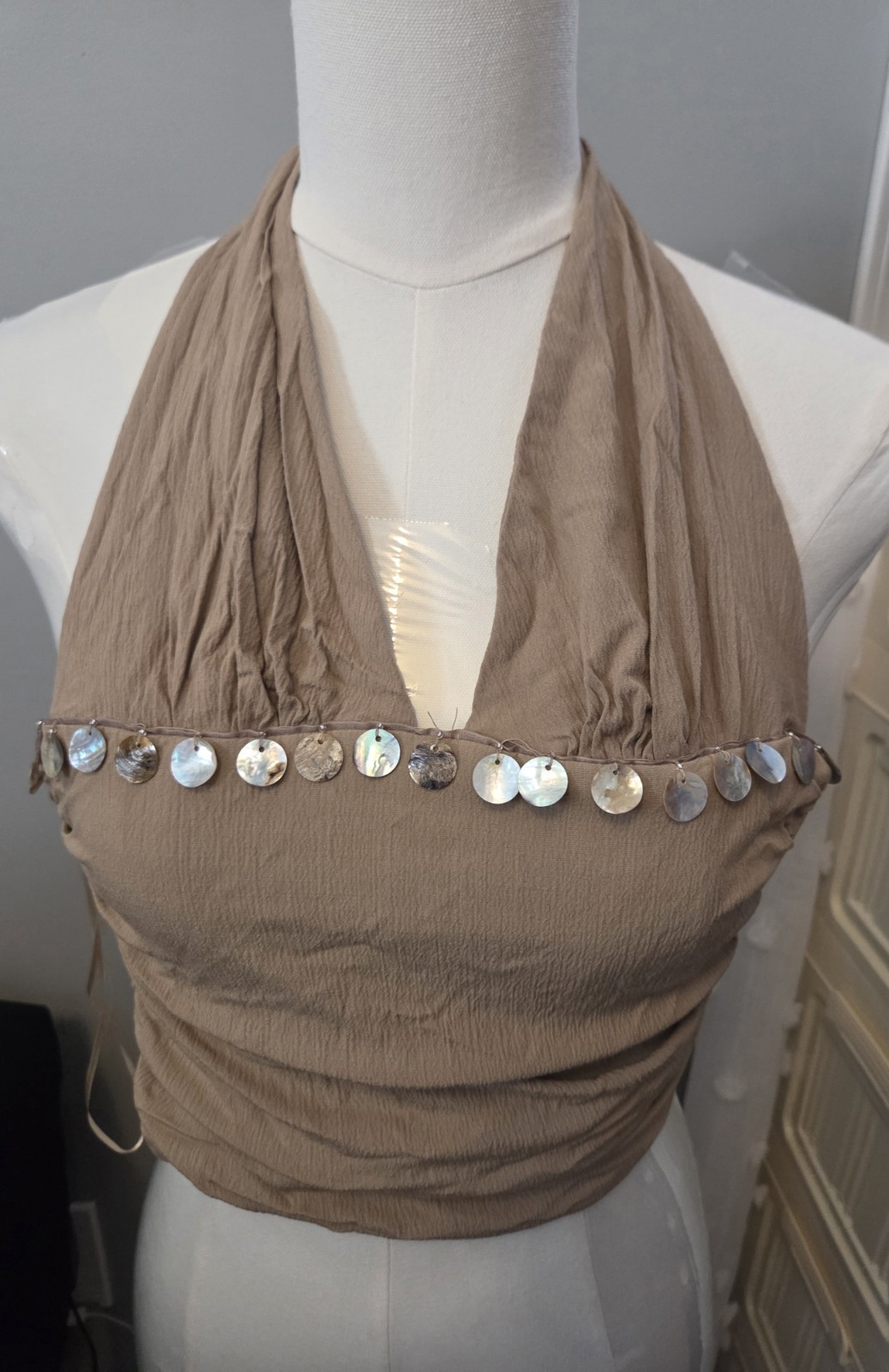 ZARA Beige Halter Tie Ruched Beaded Sleeveless Tank Top Women’s Size XS