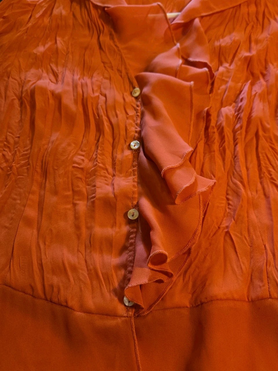 Jaipur Orange Textured Ruffle Sheer Blouse Medium Button Up Flared Sleeve