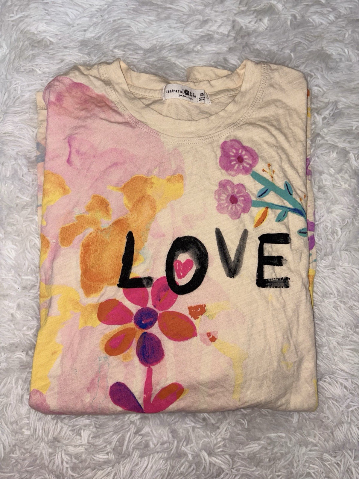 Natural Life “Love” Colorful Floral One Size Tee. Exc. Cond. So Pretty