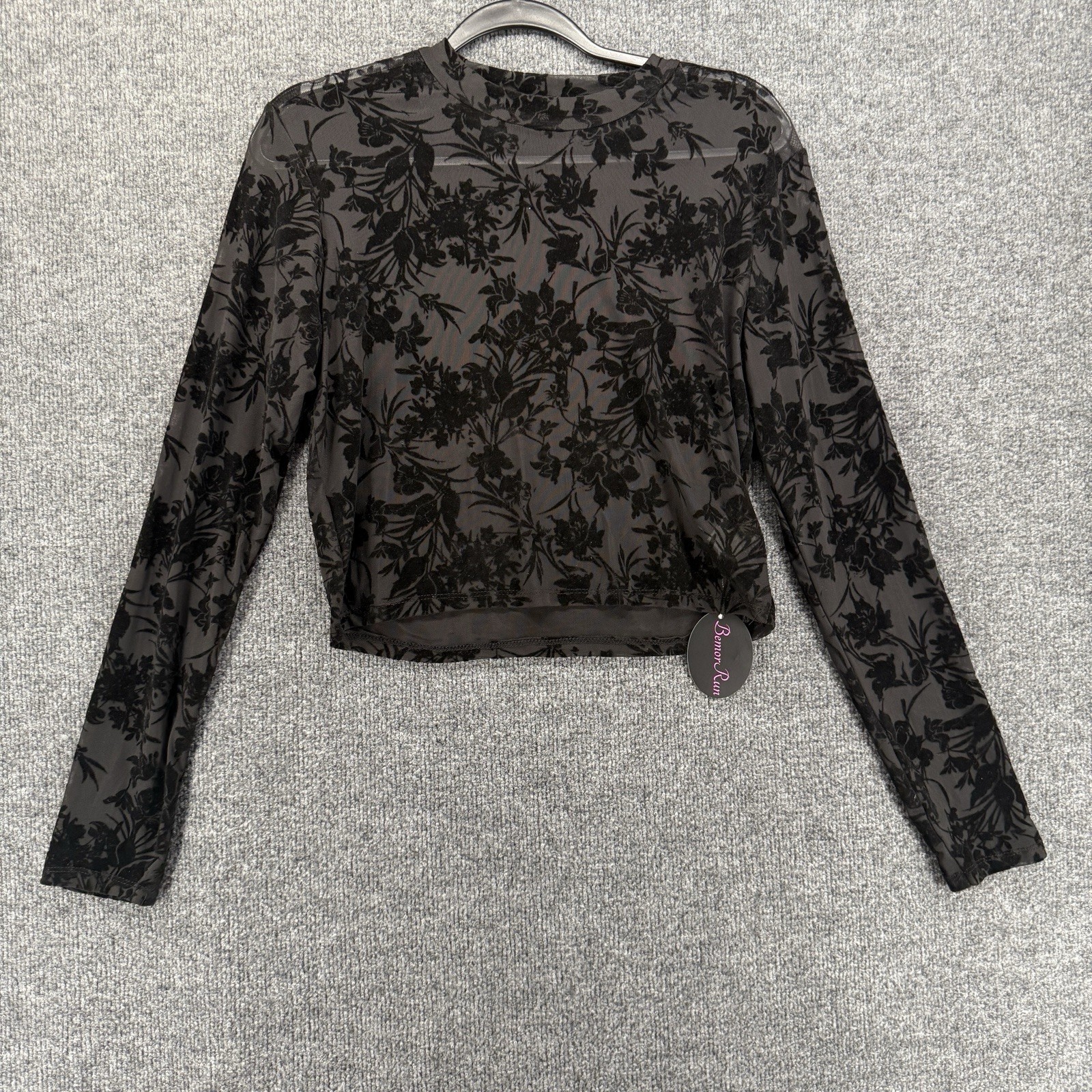Womens Top XL Black Floral Burnout Sheer Mesh Crop Dark Fairy Grunge Whimsigoth