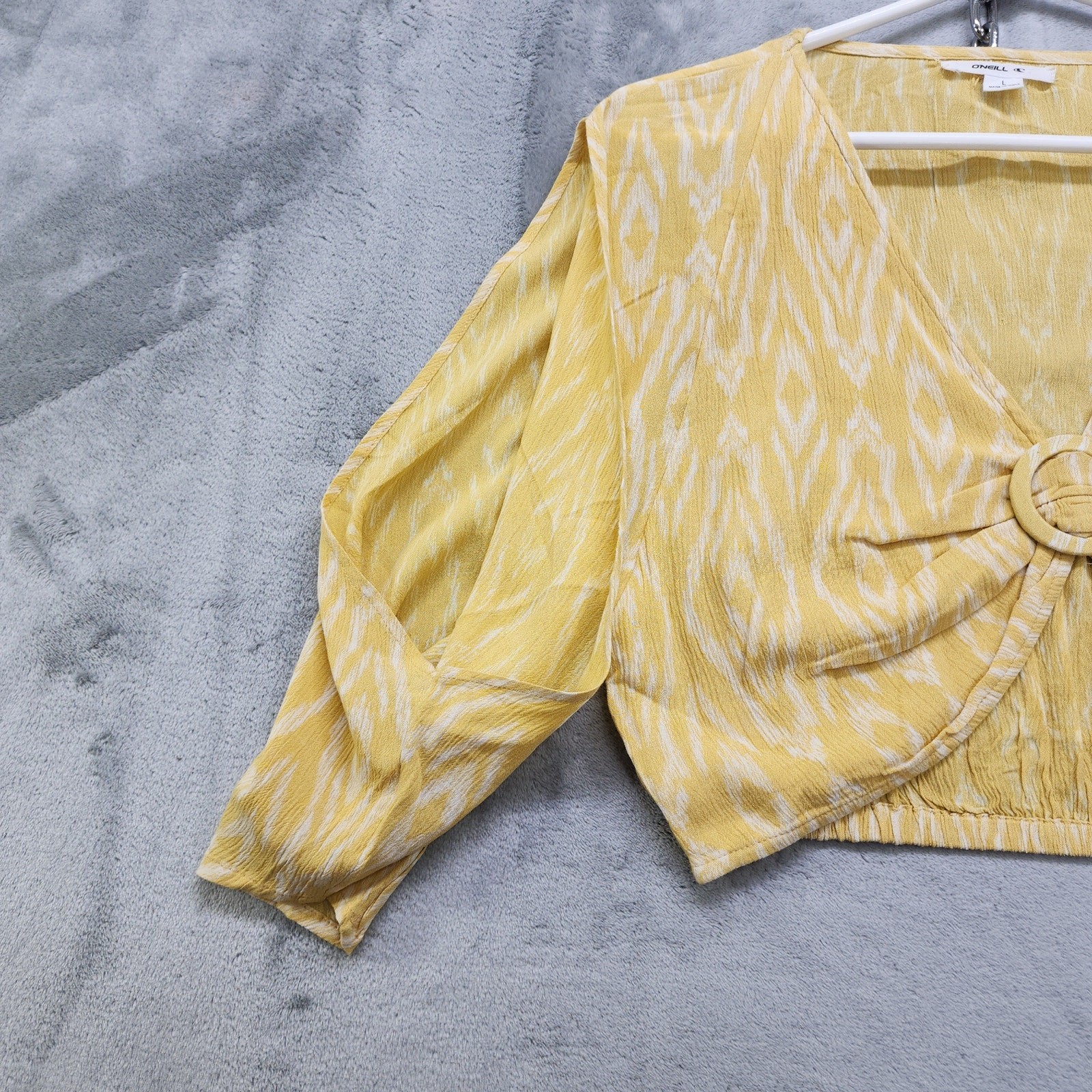 NEW O’Neill Top Womens L Yellow White Sylas Isabella Ikat Crop Viscose Boho