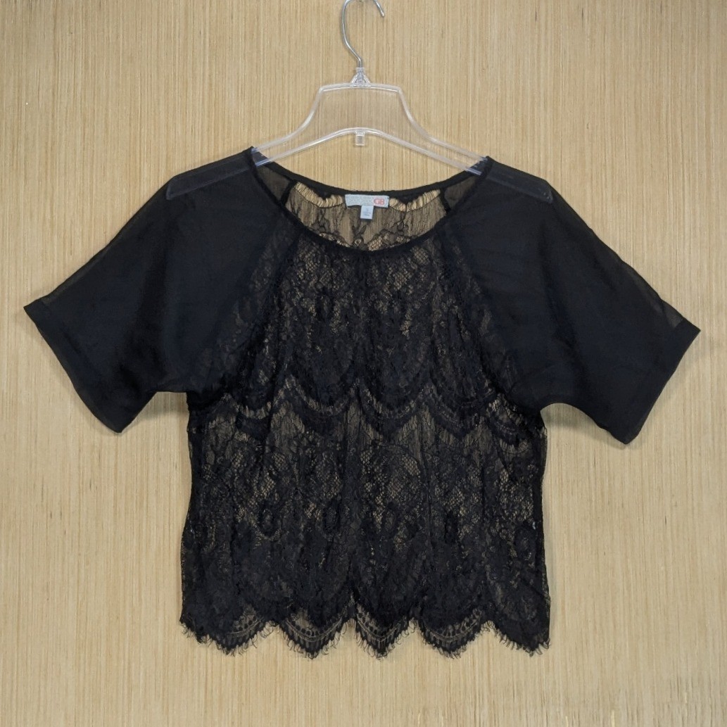 GB Gianni Bini Black Lace Sheer Blouse Cropped Top Women’s Small Whimsygoth Chic
