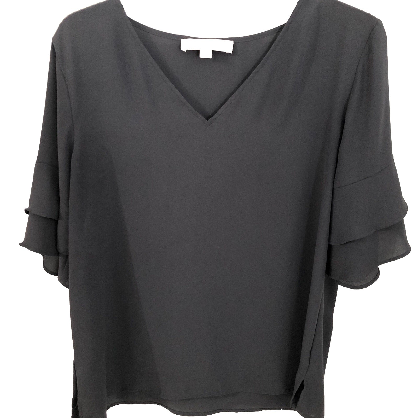 Loft Gray Blouse S,M,L Short Sleeve 2 Ruffles V-Neck Sheer Bust:40” Length:26”
