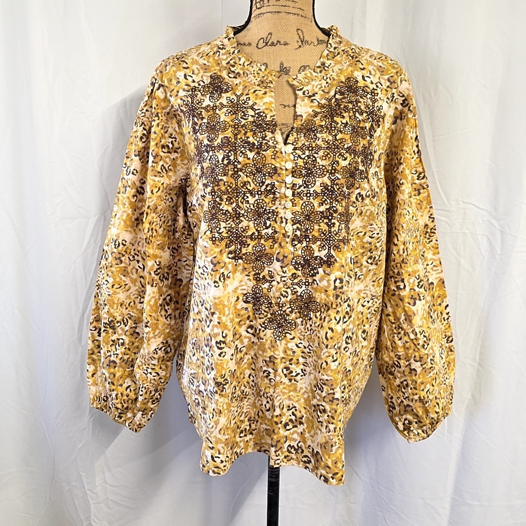 Logo Lavish Womens XL Top Yellow Embroidered Cotton Puff Sleeve 1/4 Button Boho