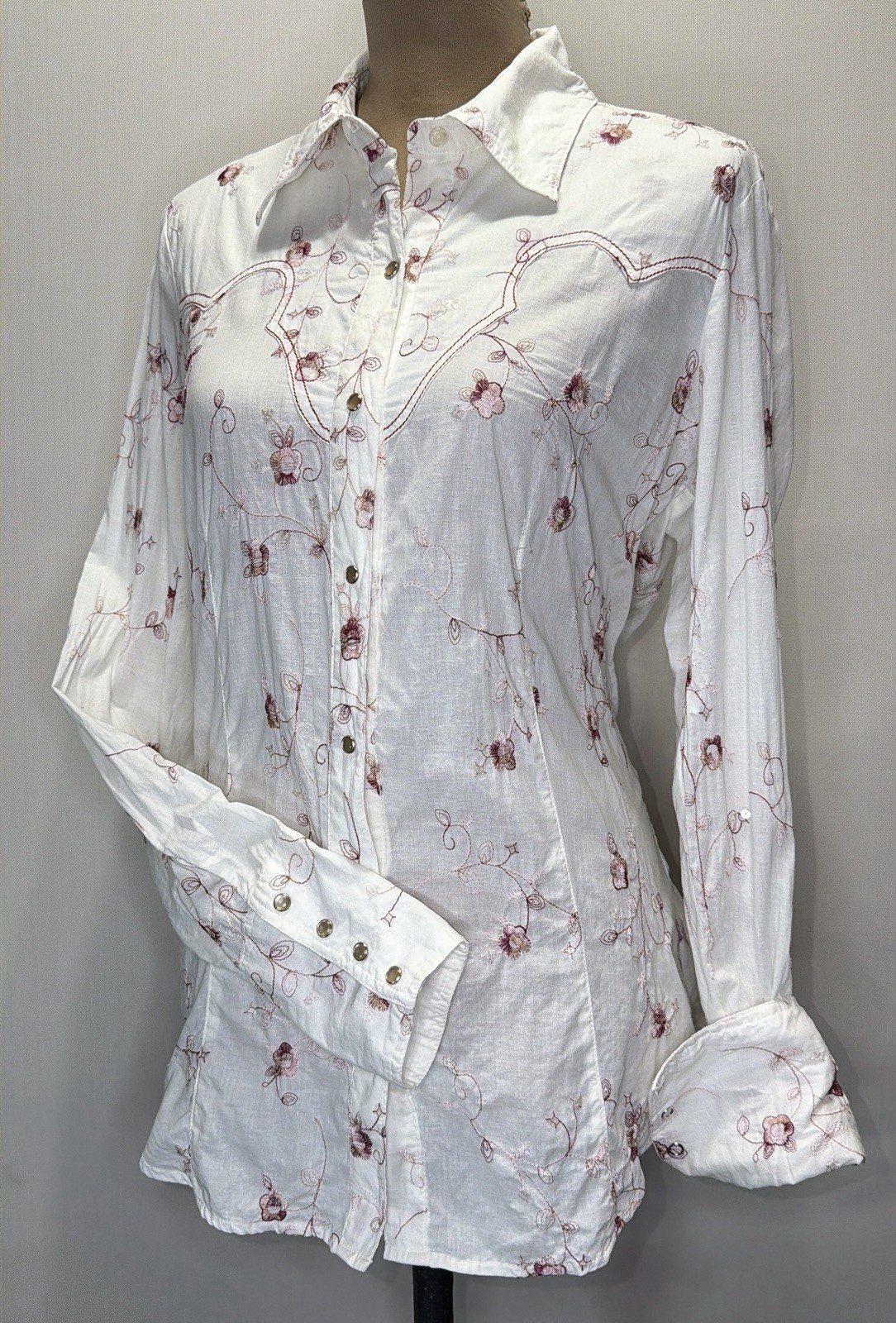 Roper Western Pearl Snap Button Up Floral Sequined Shirt Coastal Cowgirl Sz L