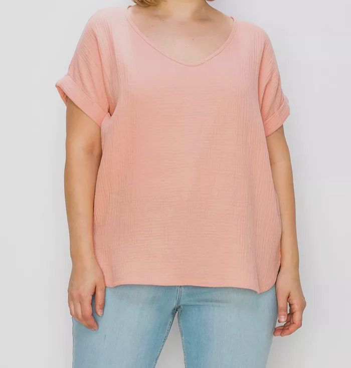 Coin 1804 Women’s Pink V Neck Rolled Sleeve Top Plus Size 3X