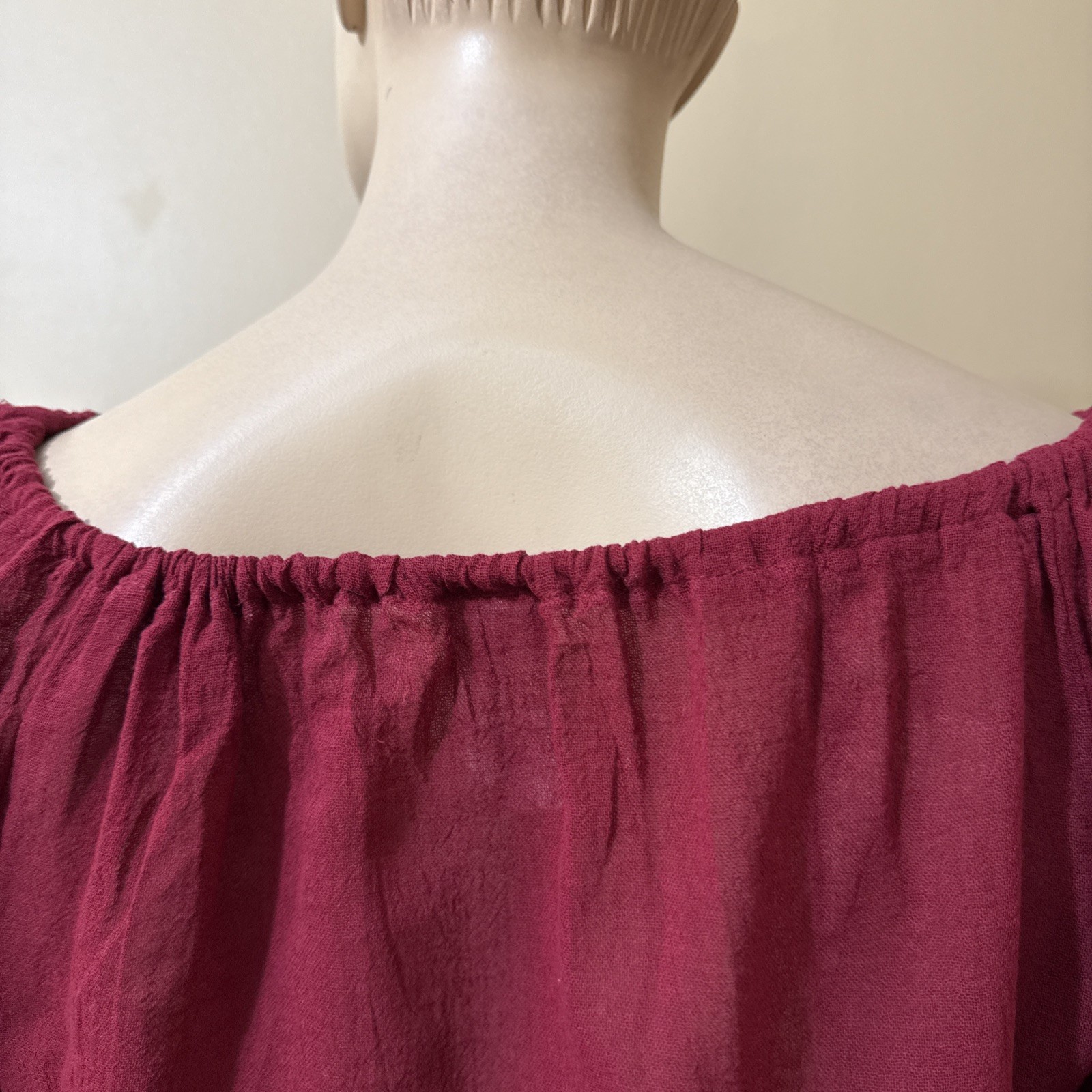Women’s Burgundy Cotton Casual Boho Lace Long Sleeve Slit Tied Size S Blouse Top