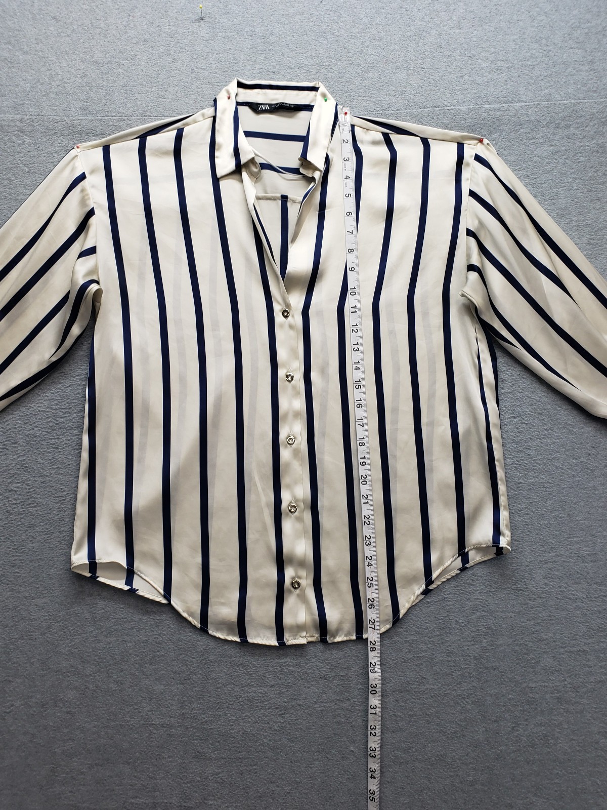 Zara Women Tops S Cream Navy Blue Striped Button Front Collared Long Sleeve City