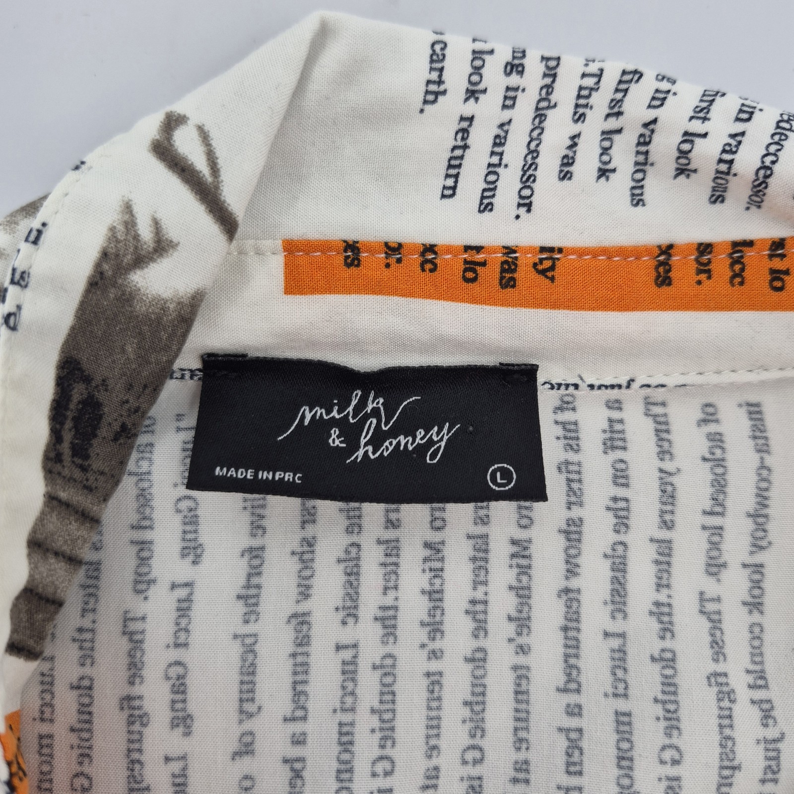 Milk & Honey Ladies L Twist Front Newspaper Print Shirt Artsy Posh