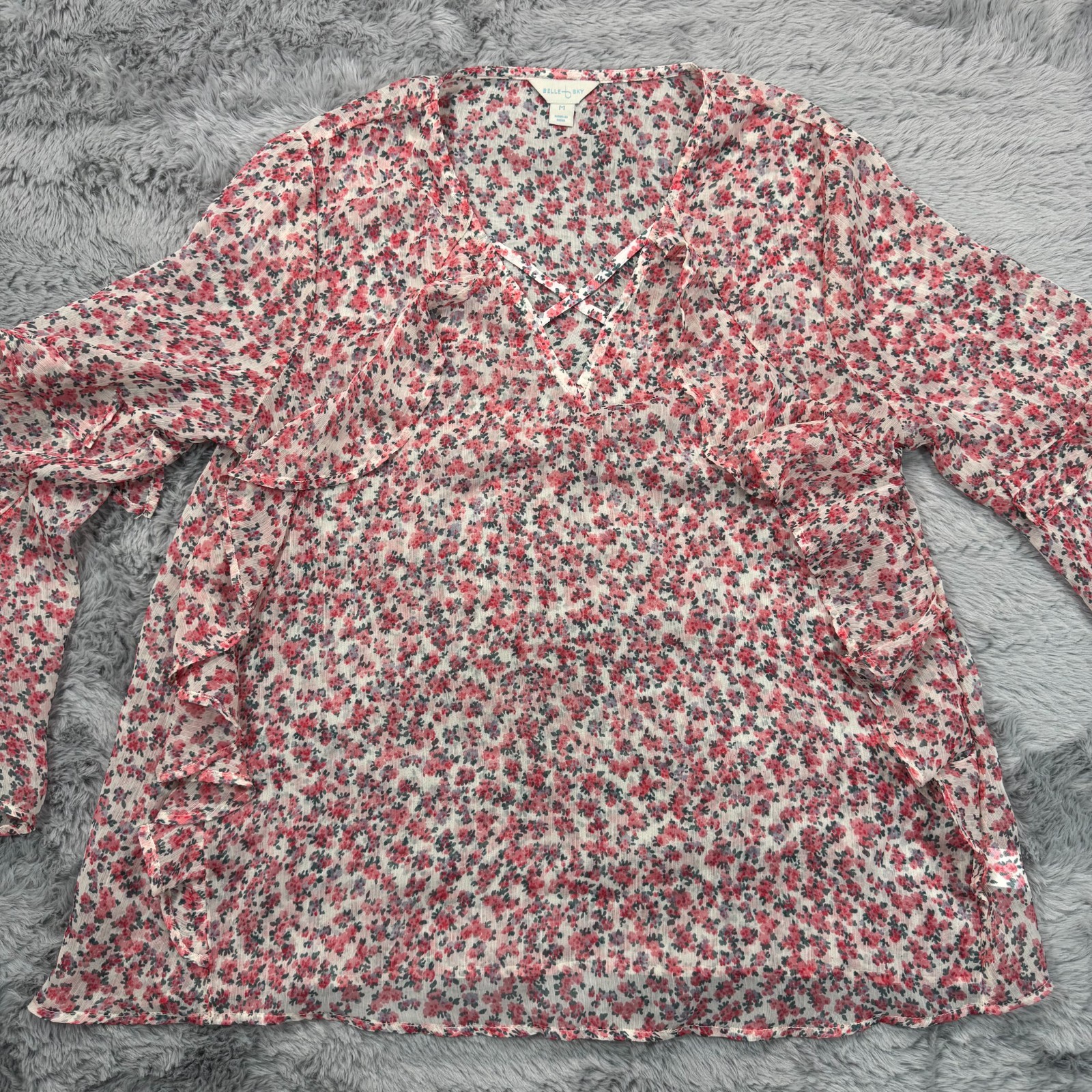 Belle Sky Blouse Top Women M Red Floral Polyester Chiffon Ruffled Party Cocktail