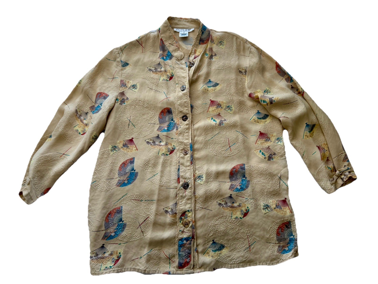 CITRON Santa Monica Silk Art to Wear Asian Fan Print Mandarin Collar Top Size S