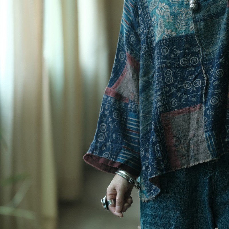 Vintage Patchwork Indigo Cotton Top Loose Wabi Sabi Blouse
