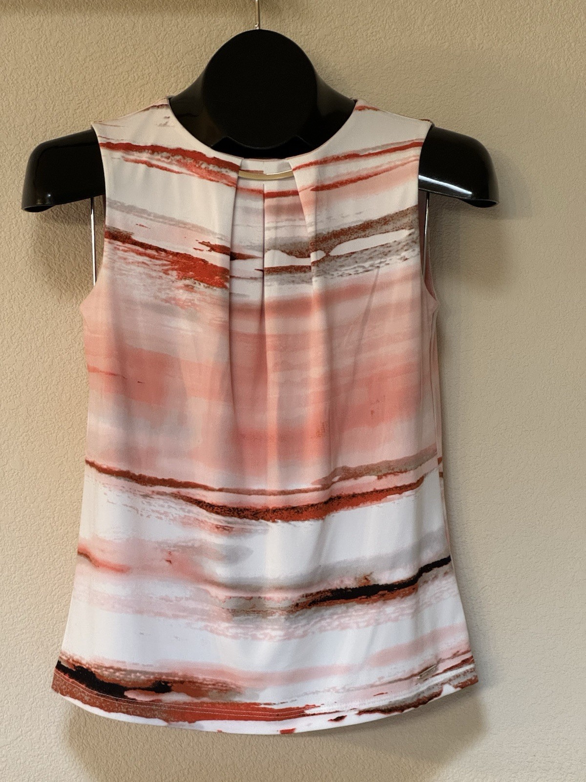 Calvin Klein Petite Women’s Sleeveless Blouse Sz PXS Orange White Pleat Metal