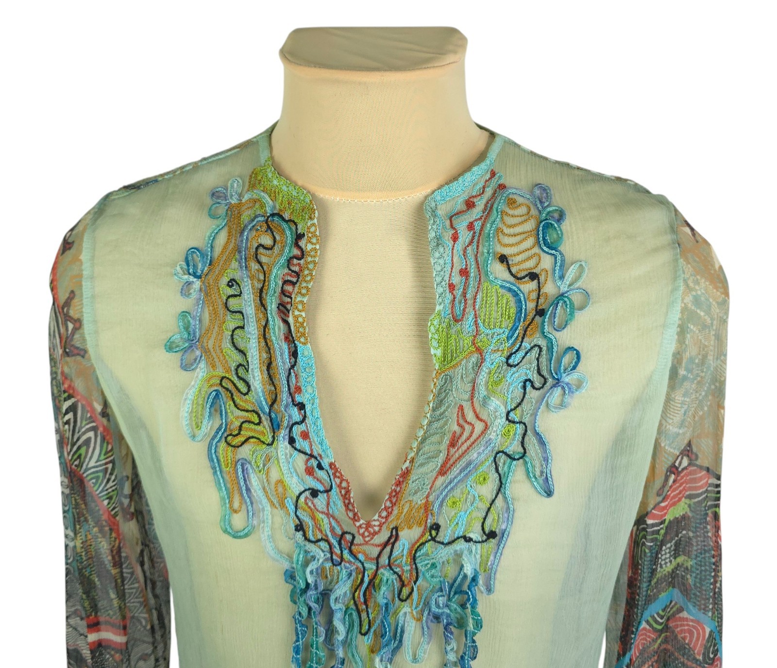 Save The Queen! Mesh Sheer Boho Top Tunika Blouse Size L Mint Green Embroidered