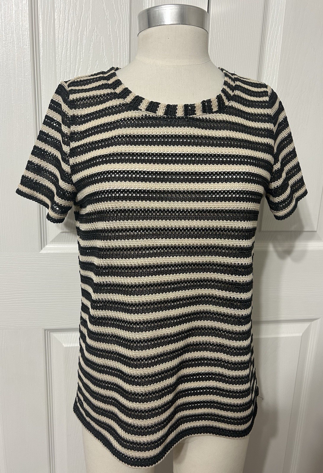 Modern Works Women’s Black & Beige Stripe Pullover Top Open Knit Size M