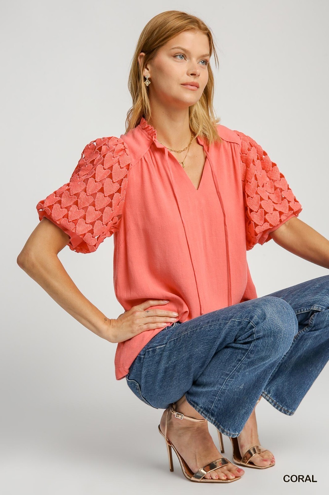 Umgee Coral Floral Applique 3D Contrast Fabric Puffed Sleeve Split Neck Top