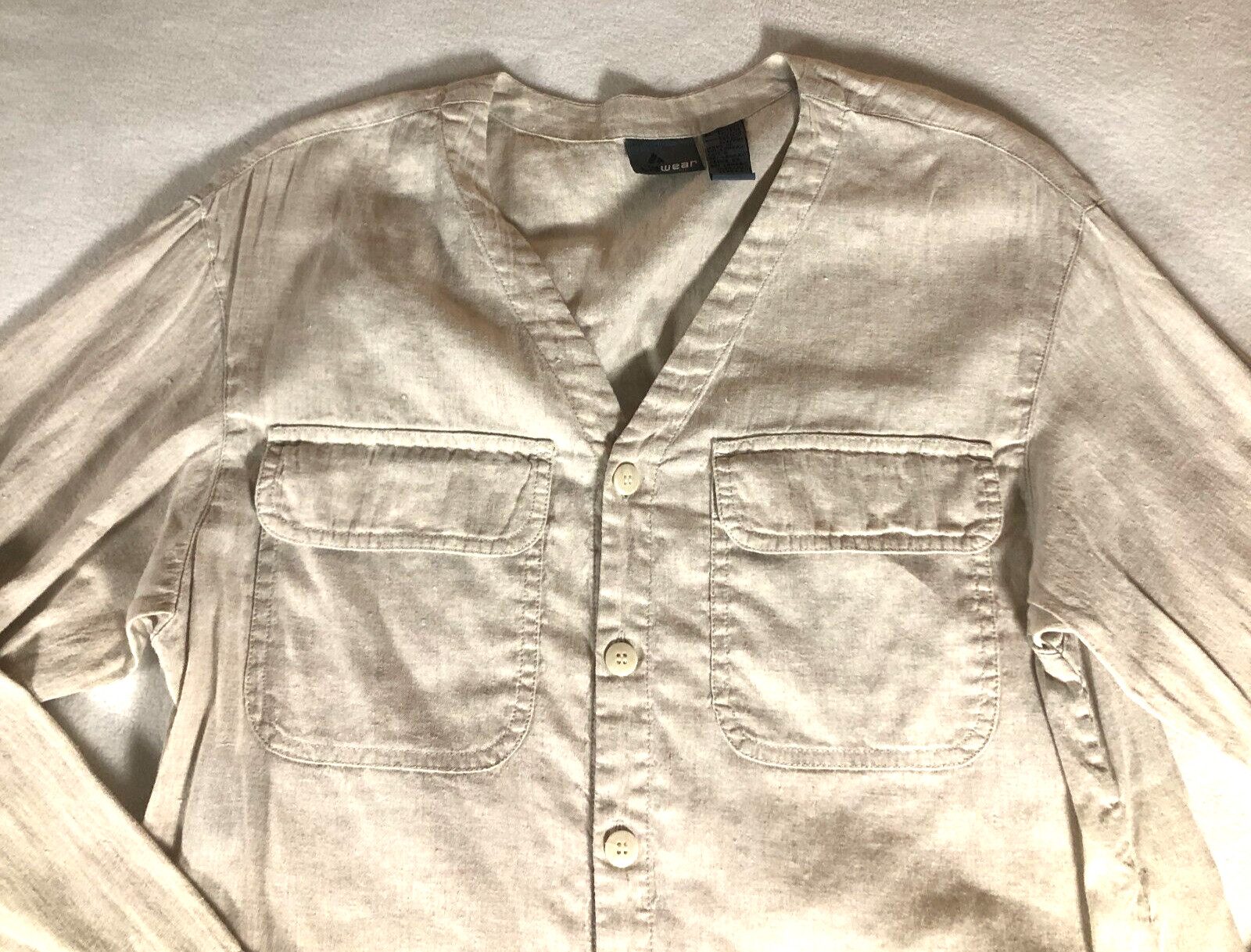 Lizwear Womens Linen Blend Tunic Top Sz M Beige Button-Up Flap Pockets