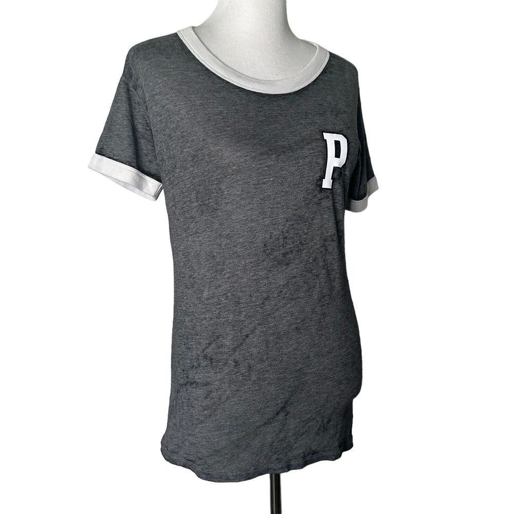 VS PINK Victoria’s Secret Varsity Ringer T-Shirt Embroidered P Logo S Gray White