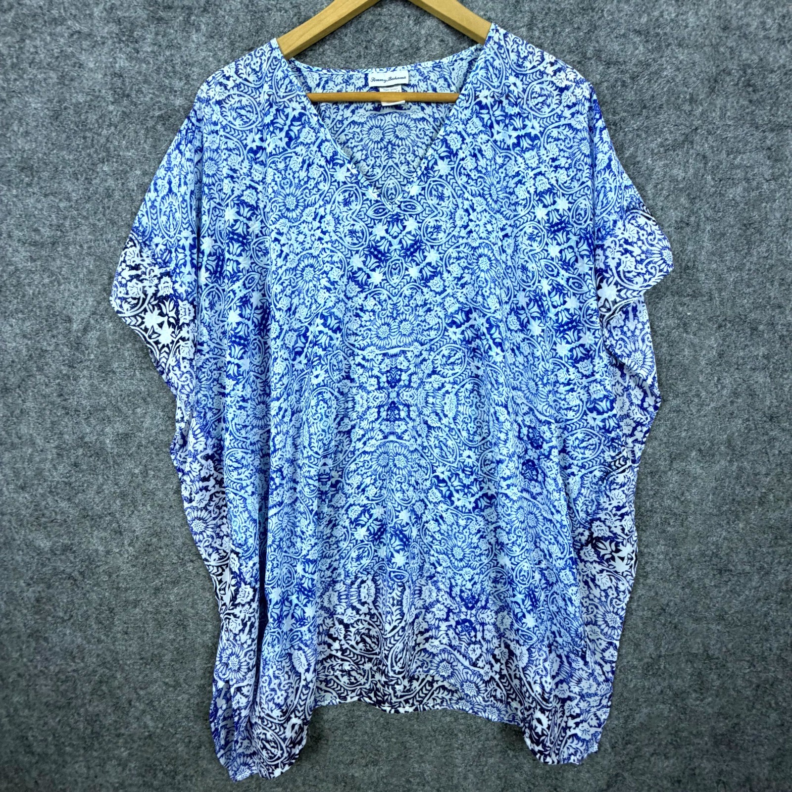 Tommy Bahama Kaftan Cover Up Top Womens Small Blue White Floral Resort Vacation