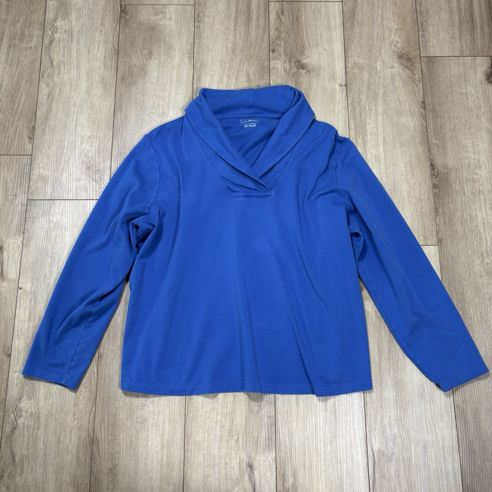 LL Bean Shirt Blue V-Neck Plus Size 2X Knit Pullover Long Sleeve Shawl Collar