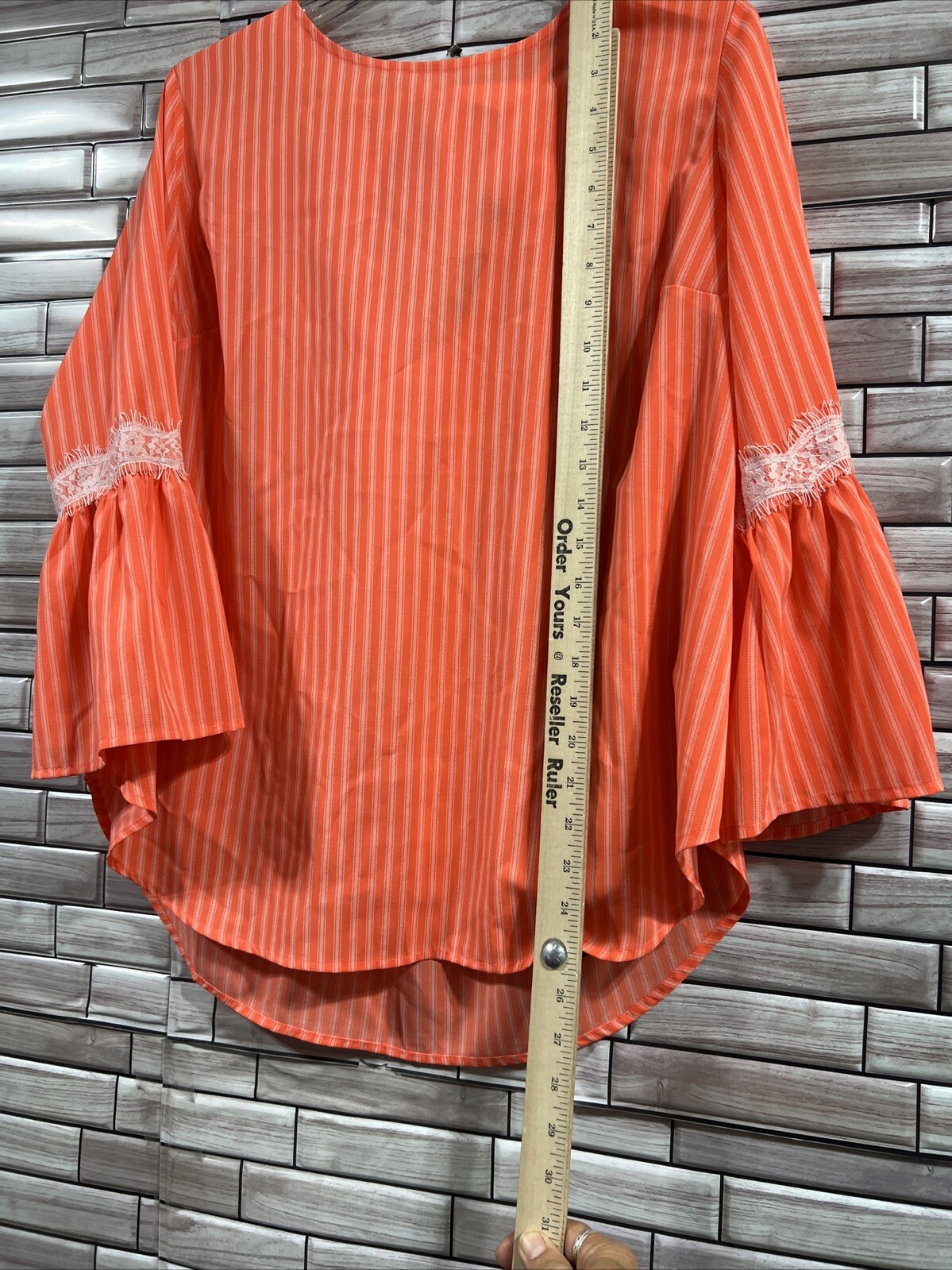 Du Jour Womens XL Striped Bell Sleeve Top with Lace Detail Tie Back Blouse
