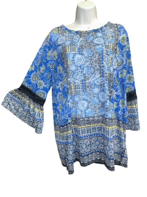 Ruby Rd 1X Top Unique BOHO Lightweight Crochet Ruffles Blue Floral Bell Sleeves