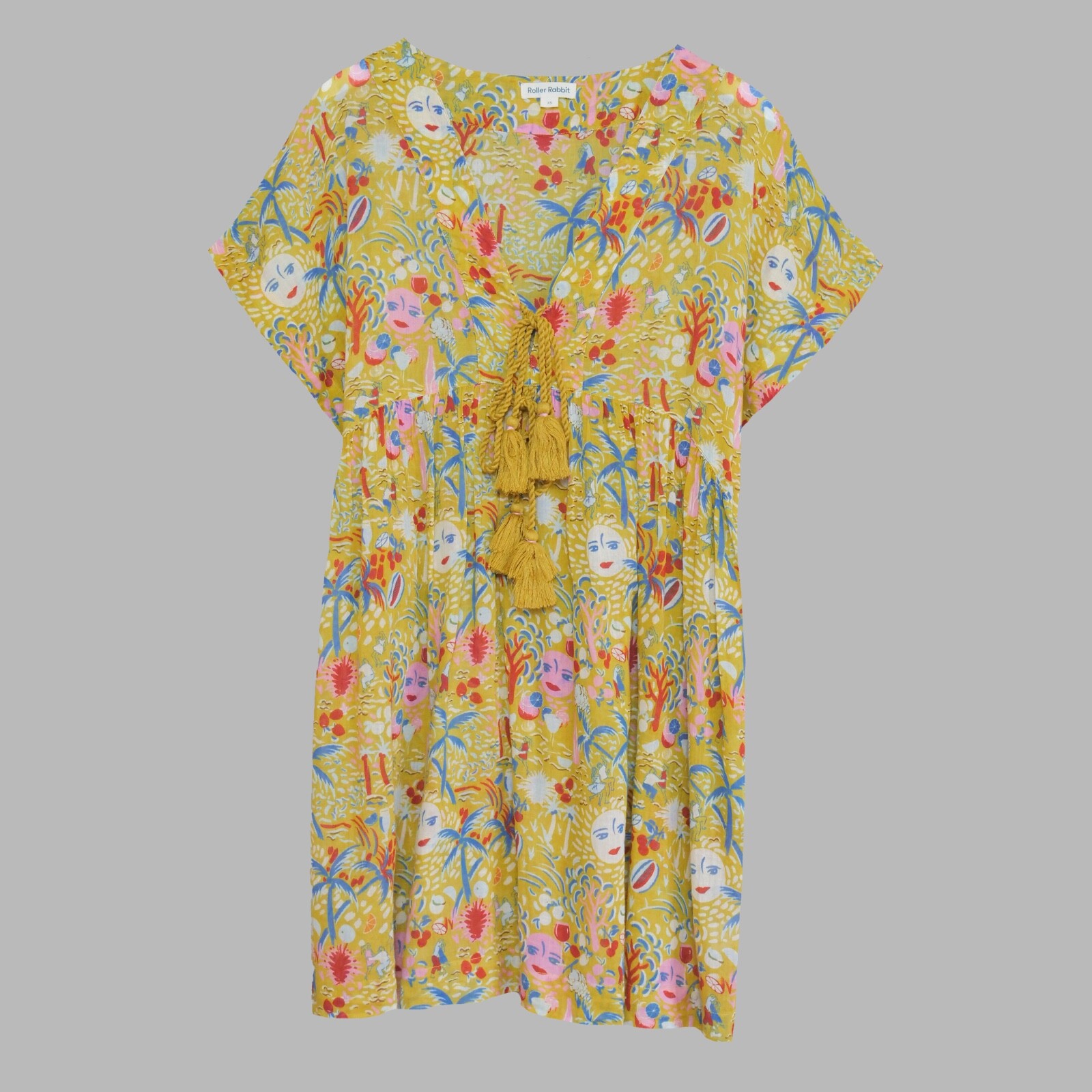 Roller Rabbit Mustard Yellow Print Cotton Tunic Cover-Up Top | XS | UK 6-10