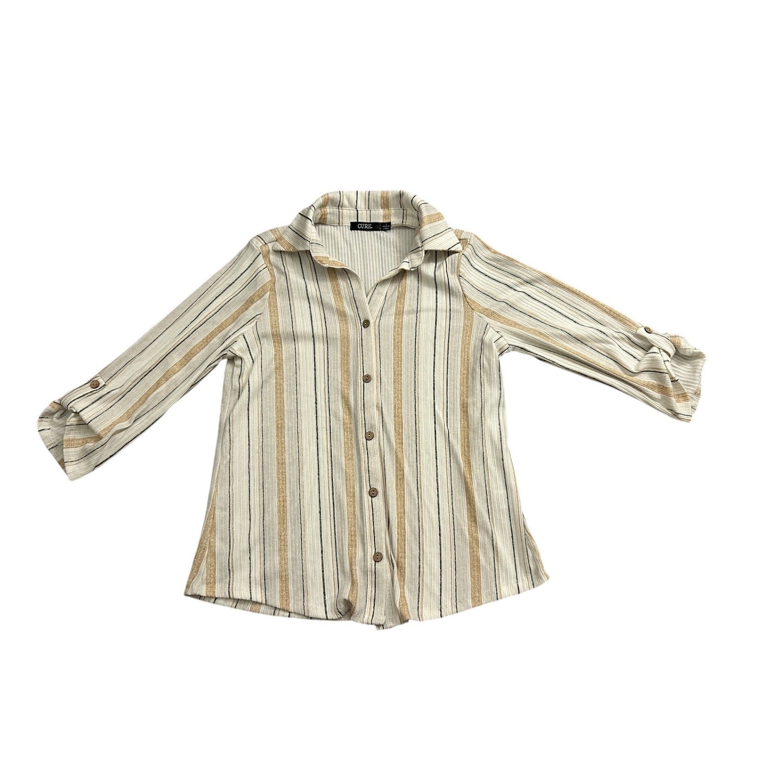 CURE Striped Ribbed Knit Button Down Shirt Womens S Tan White NWT